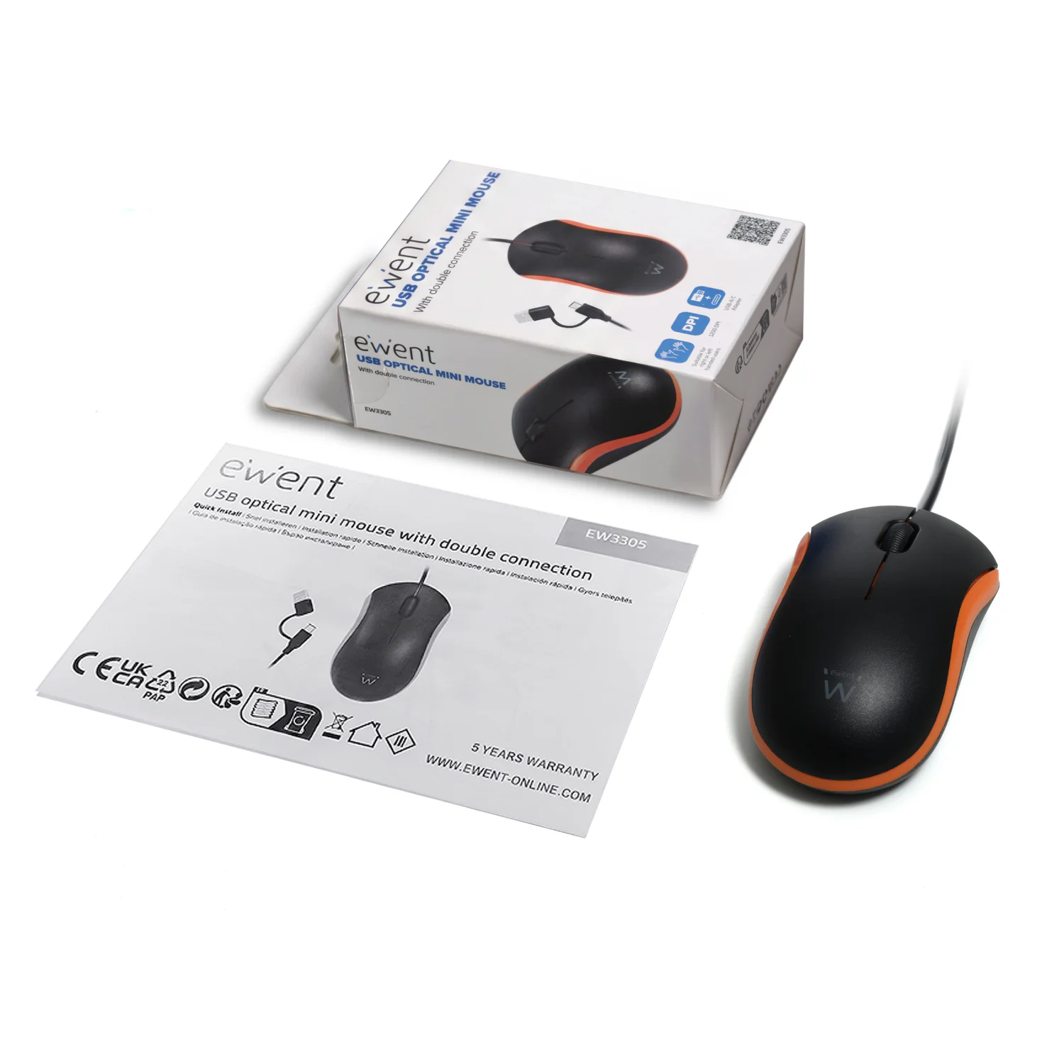 Rato Ótico Compacto Ewent EW3305 com Fio 1200 DPI Ambidestro USB-A e USB-C Preto e Laranja - Imagem 2