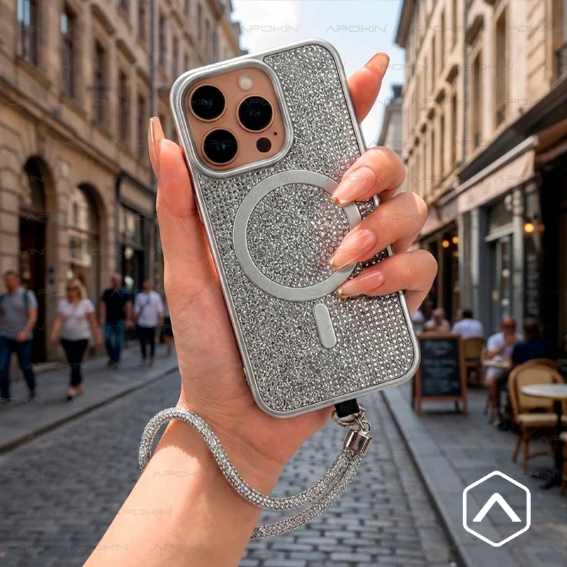 Capa Apokin com MagSafe de Diamantes e Alça para iPhone 15 Pro Variedade de cores - Imagem 3