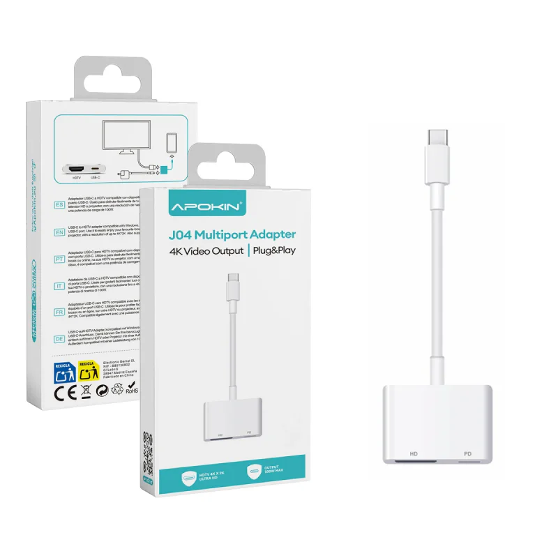 Adaptador Apokin J04 USB-C para HDMI 4K e USB-C PD 100 W Cinzento