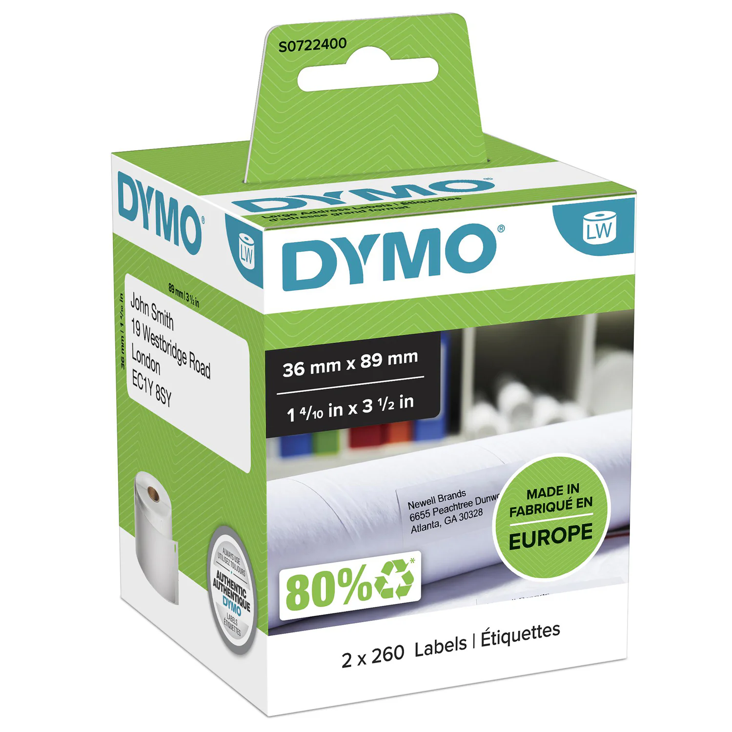 Etiquetas Adesivas Dymo LW 89 x 36 mm Brancas 2 Rolos de 260