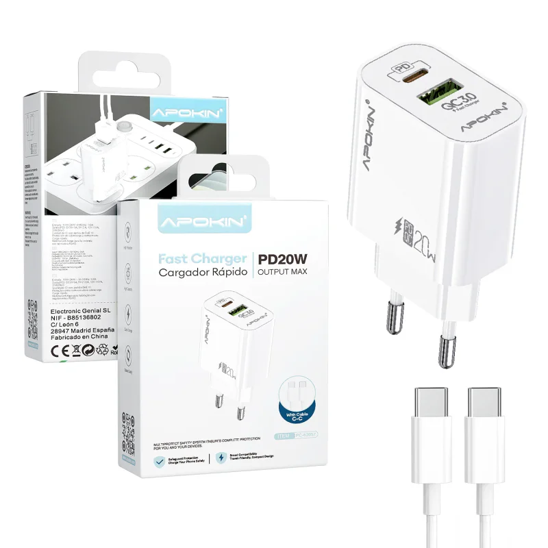 Carregador de Parede Apokin USB-A e USB-C PD 20 W com Cabo USB-C para USB-C Branco