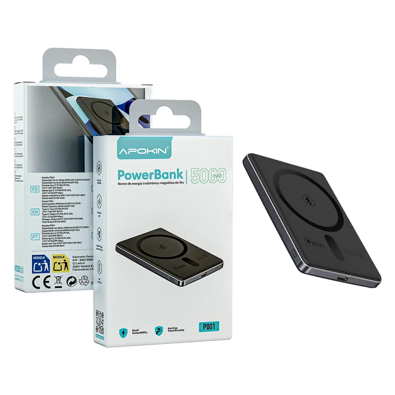 Powerbank Apokin Fino Sem Fios 5000 mAh Preto