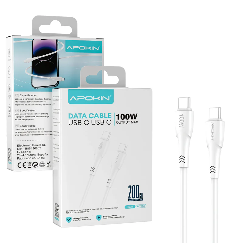 Cabo USB-C para USB-C Apokin 100 W 2 m Branco
