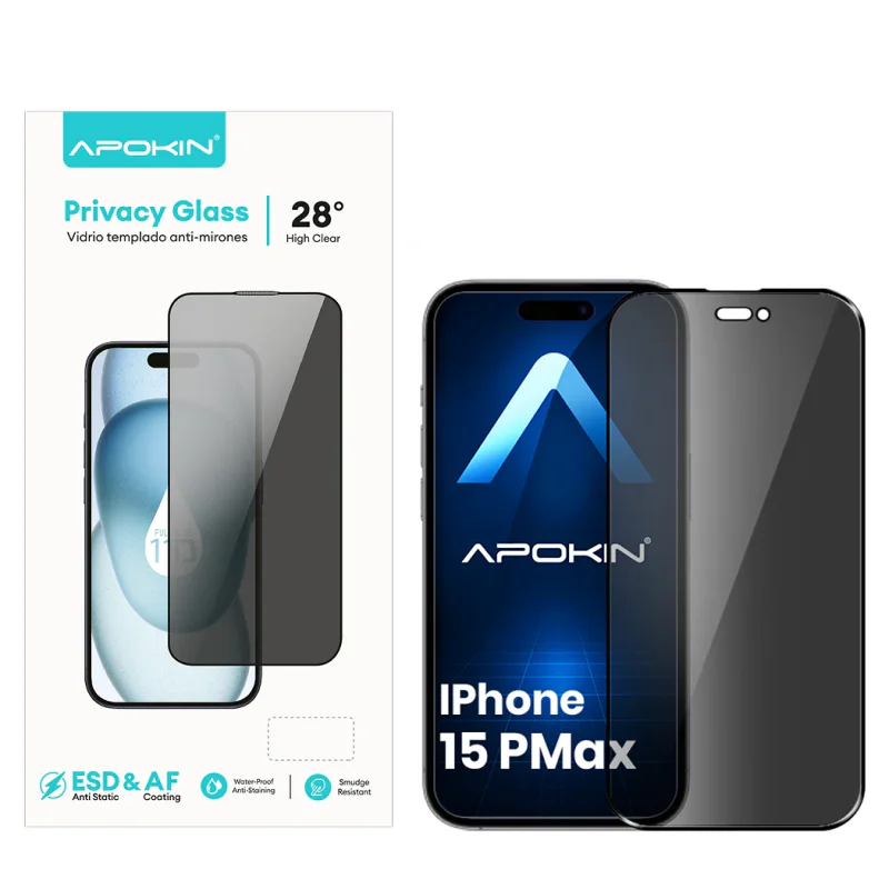 Película de Vidro Temperado 5D Curvado Apokin de Privacidade para iPhone 15 Pro Max Preto