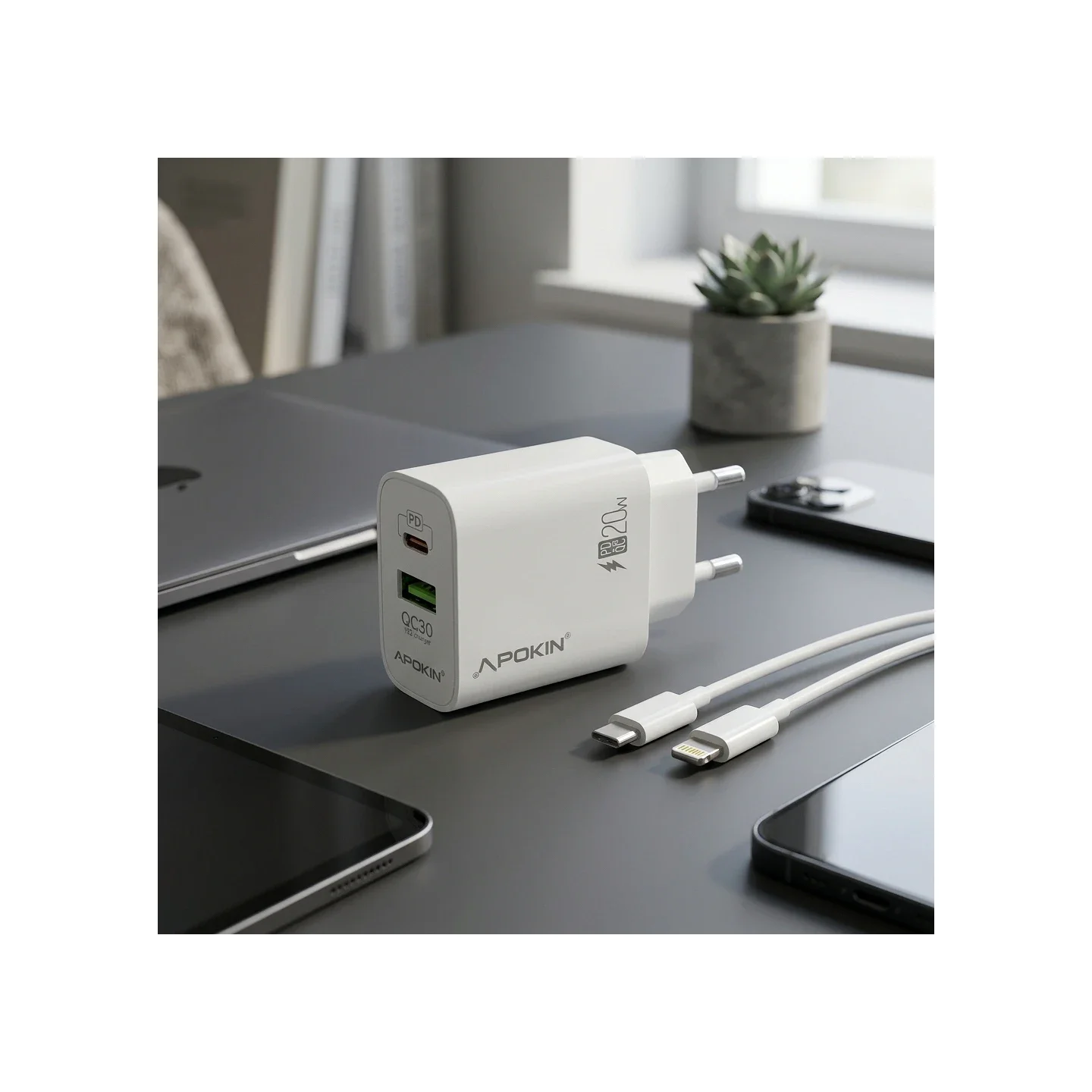 Carregador Rápido Apokin 20 W USB-A e USB-C PD com Cabo USB-C para Lightning - Imagem 2