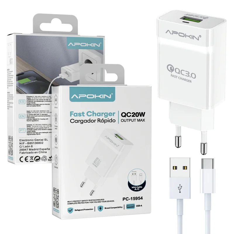 Carregador de Isqueiro ou Rede Apokin USB-A QC 3.0 18 W com Cabo USB-C Pack 6 Branco