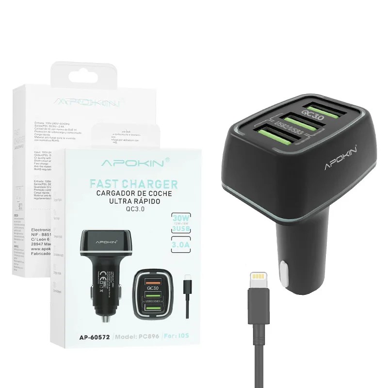 Carregador de Isqueiro Apokin Triplo USB 3.0 com Cabo Lightning Preto