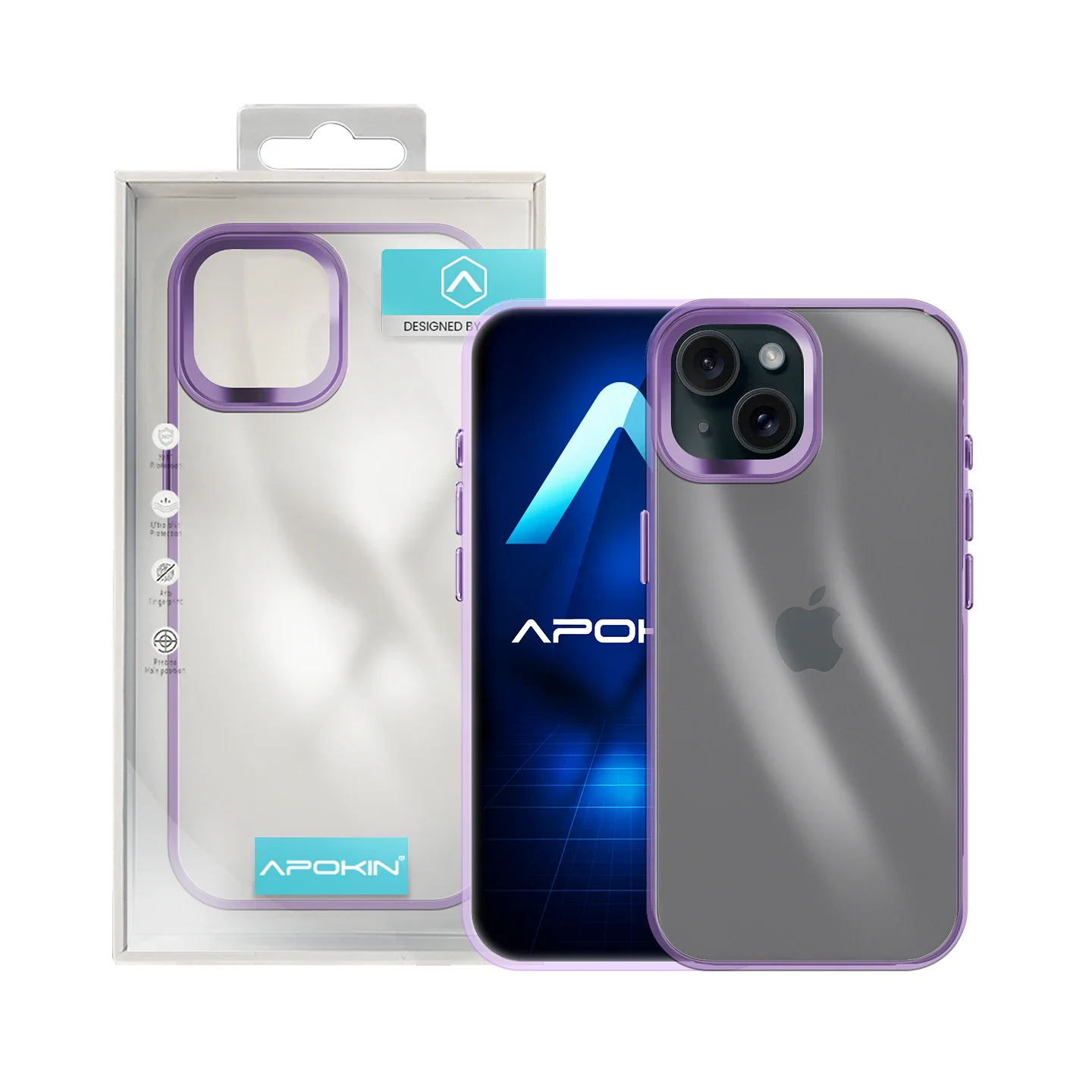 Capa Apokin Acrílica Transparente para iPhone 15 Plus com Contorno Lilás