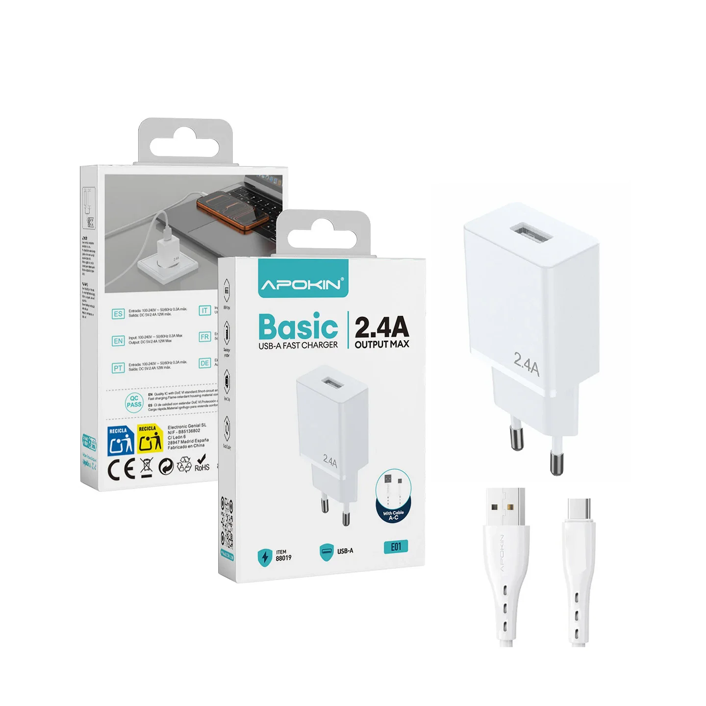 Carregador de Parede Apokin USB-A 2,4 A 12 W com Cabo USB-C