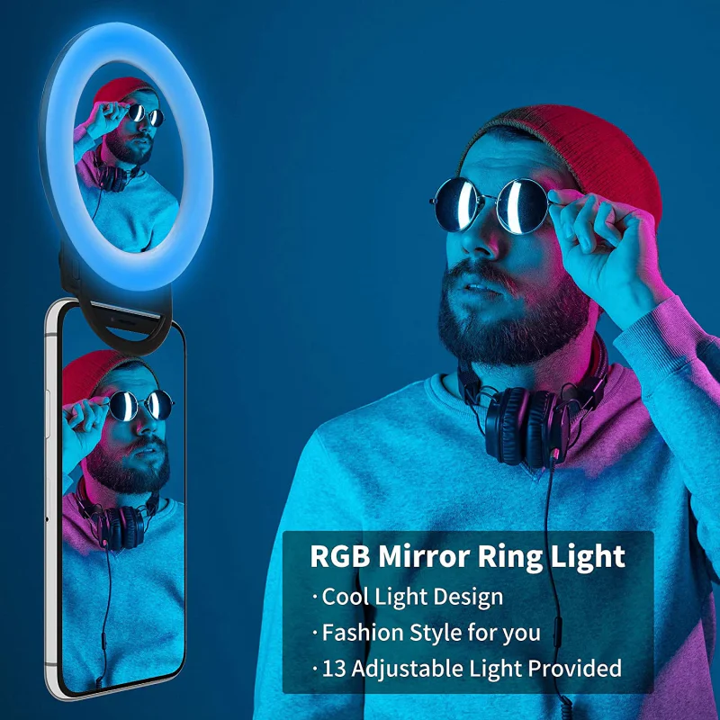 Anel de Luz Apokin Mini Ring Light RGB com Espelho Portátil Recarregável Multicolor - Imagem 3
