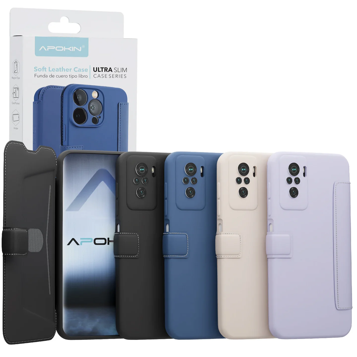 Capa Tipo Livro Apokin para Xiaomi Redmi Note 10 / 10S, Couro Macio Ultra Slim
