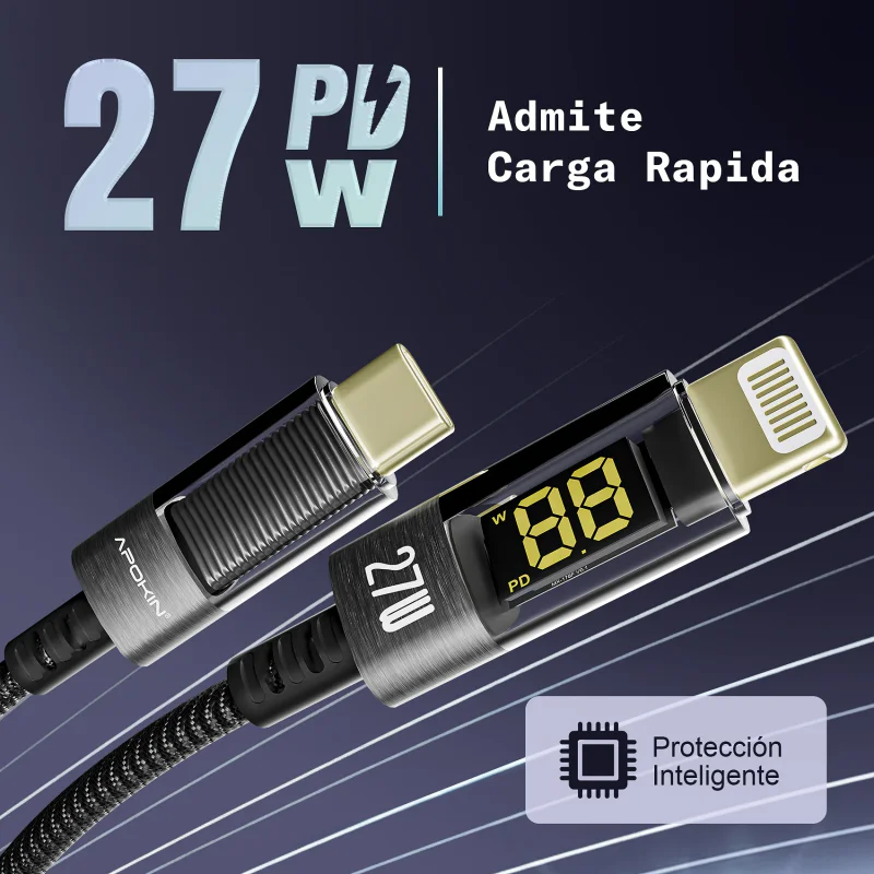 Cabo USB-C para Lightning Apokin Smart Pro 27 W com Ecrã Digital - Imagem 3