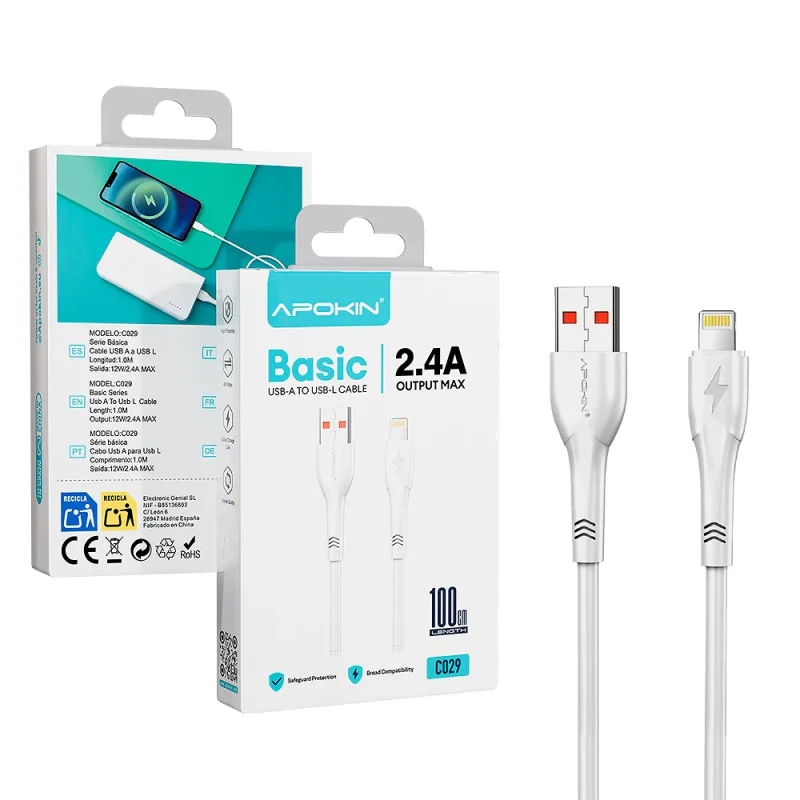 Cabo USB-A para Lightning Apokin 12 W 3 A 1 m Branco