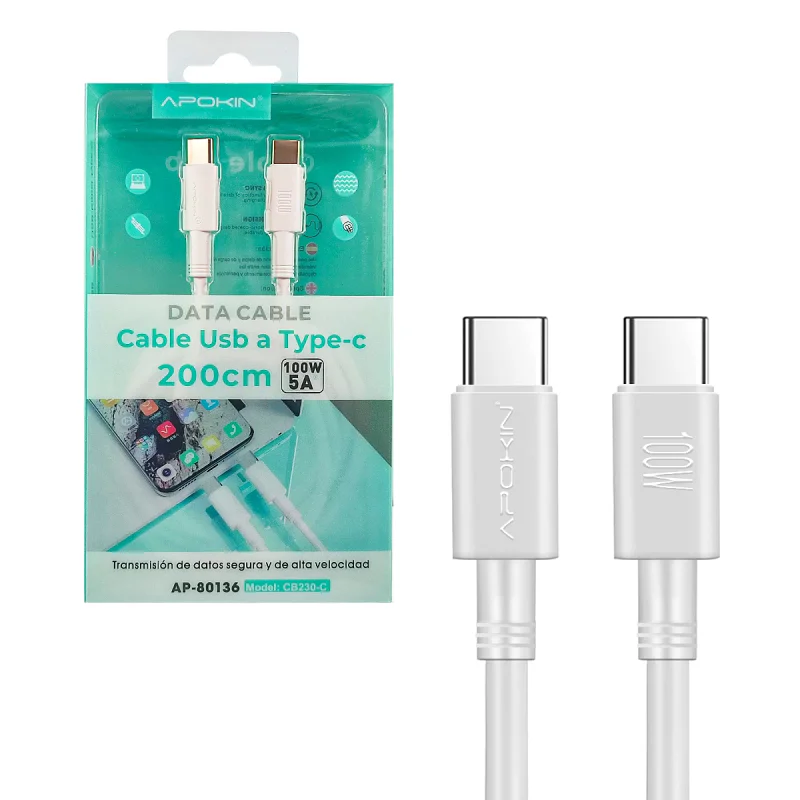 Cabo Apokin USB-C para USB-C 100 W 5 A 2 m Branco