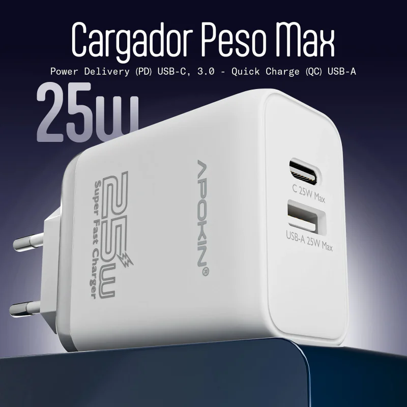 Carregador de Parede Apokin PesoMax 25 W Duplo USB-A e USB-C com Cabo Tipo-C Branco - Imagem 2