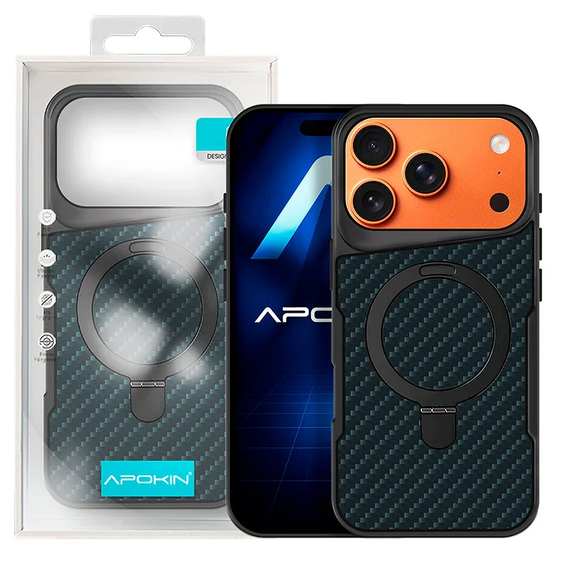 Capa Apokin Efeito Carbono com Anel e Suporte para iPhone 17 Pro Max / 18 Pro Max - Imagem 1