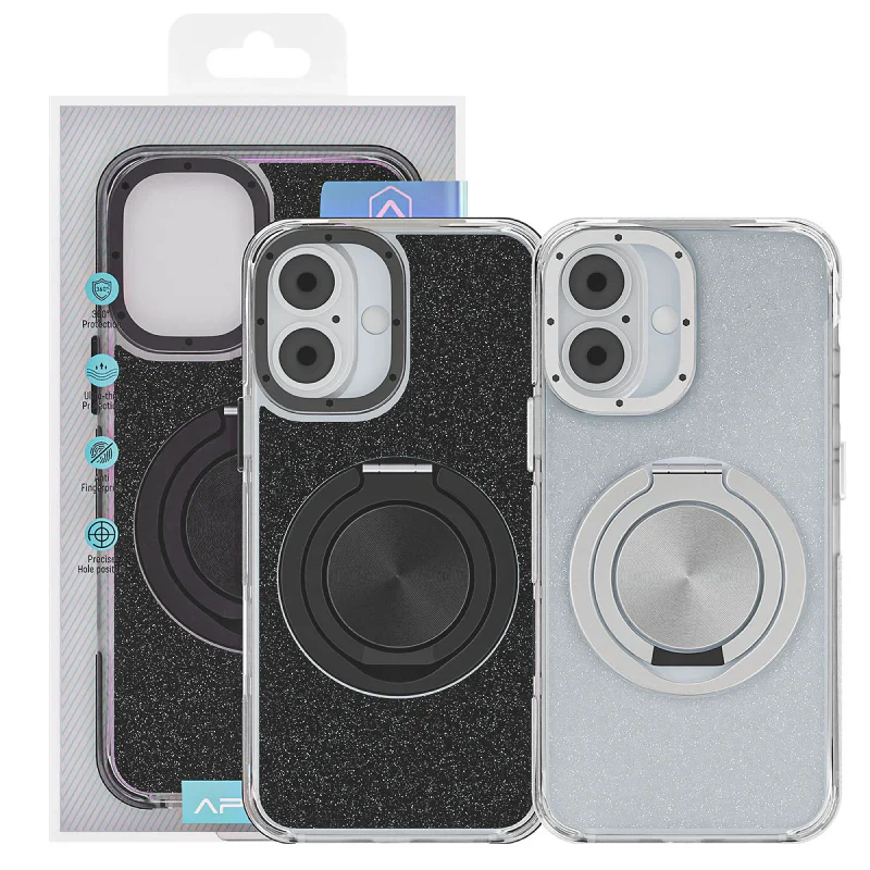 Capa Apokin para iPhone 17 com Purpurina e Suporte Rotativo 360 Preto