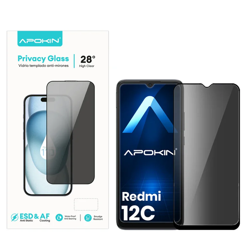 Protetor de Ecrã Apokin para Xiaomi Redmi 12C Vidro Temperado Privacidade 5D Curvo