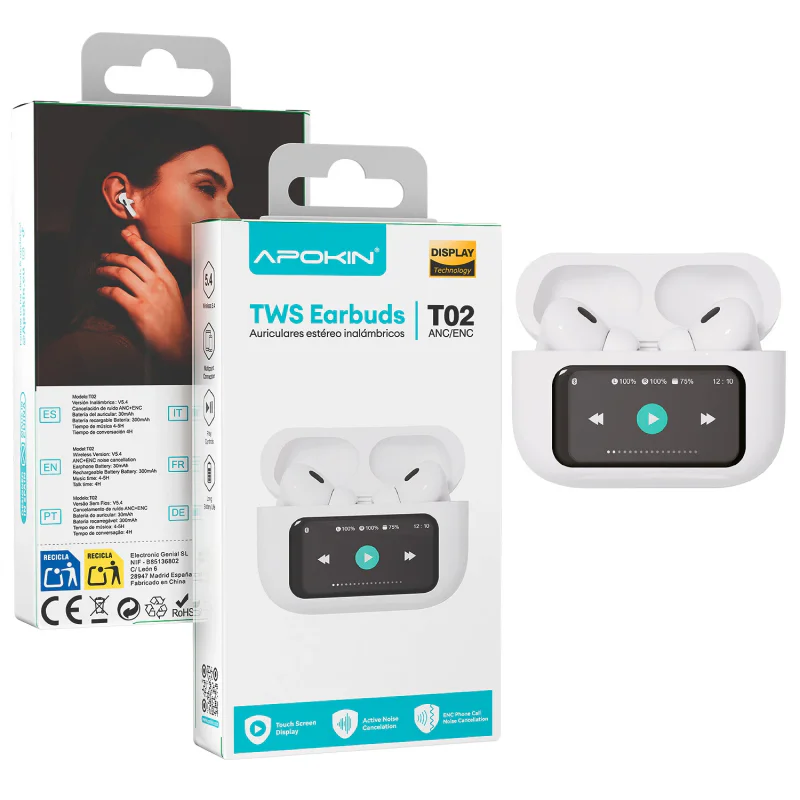 Auriculares Apokin T02 TWS Bluetooth 5.4 com Ecrã e Cancelamento de Ruído Preto