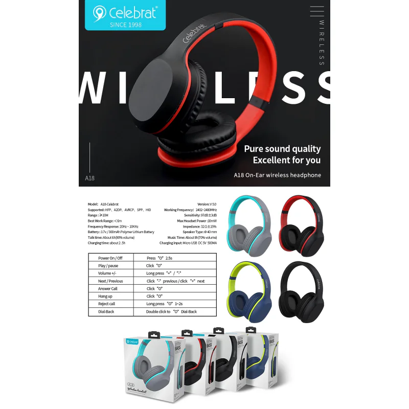 Auscultadores Bluetooth Celebrat A18 com Banda de Cabeça Azul - Imagem 5