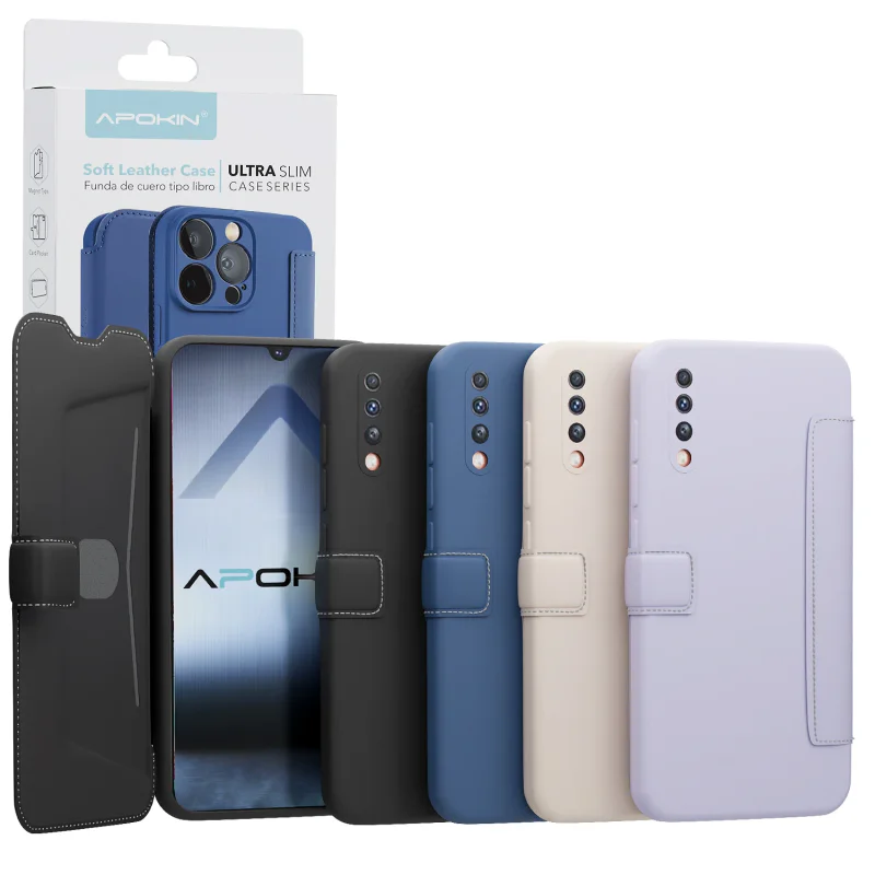Capa Tipo Livro Apokin para Samsung Galaxy A70, Couro Macio Ultra Slim Preto