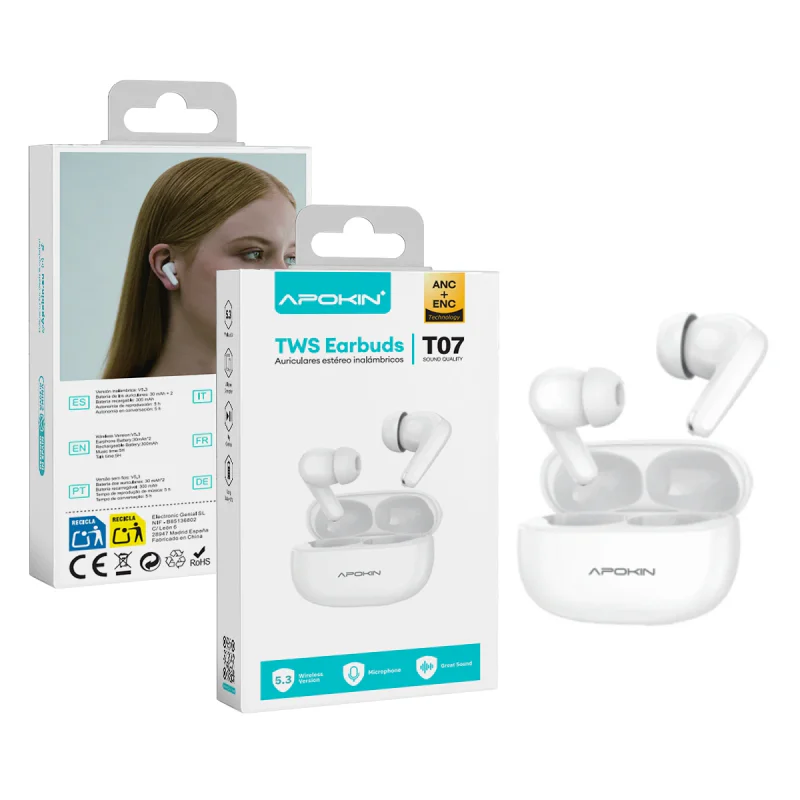 Auriculares Sem Fios Apokin T07 Bluetooth 5.3 Branco