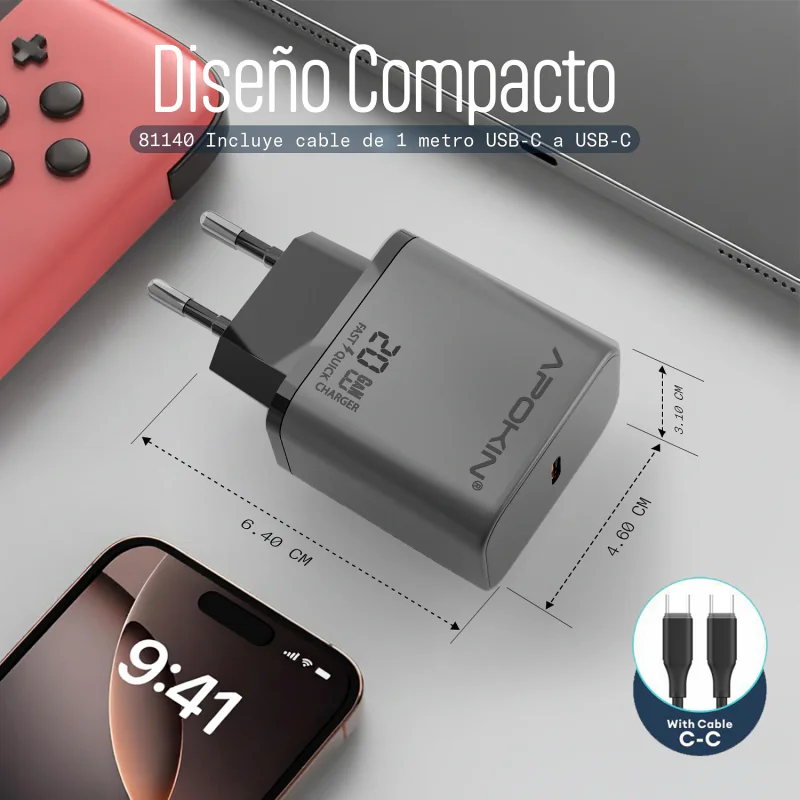 Carregador Apokin USB-C 20 W 3,0 A com Cabo USB-C Vermelho - Imagem 4
