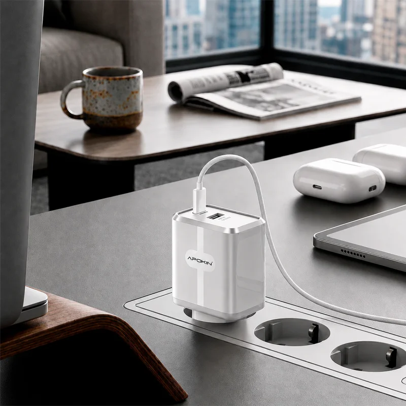 Carregador de Parede Apokin USB-A e USB-C PD 20 W com Cabo USB-C Branco - Imagem 4