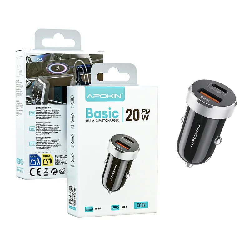 Carregador de Isqueiro Apokin 20 W com Carga Dupla USB-C e USB-A Quick Charge 3.0