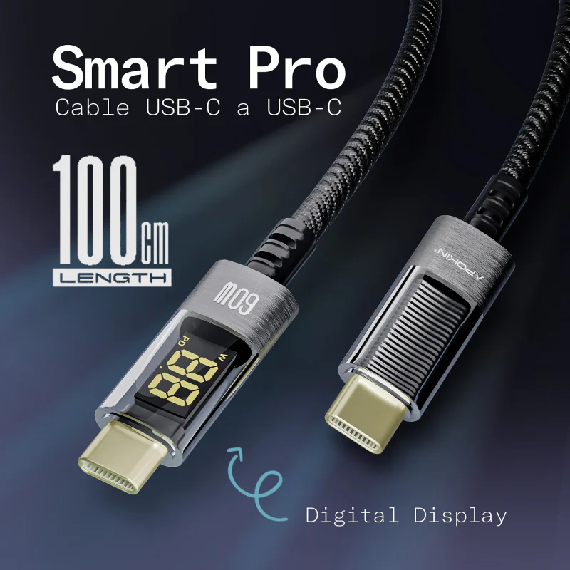 Cabo USB-C para USB-C Apokin Smart Pro 60 W com Ecrã Digital Preto - Imagem 2