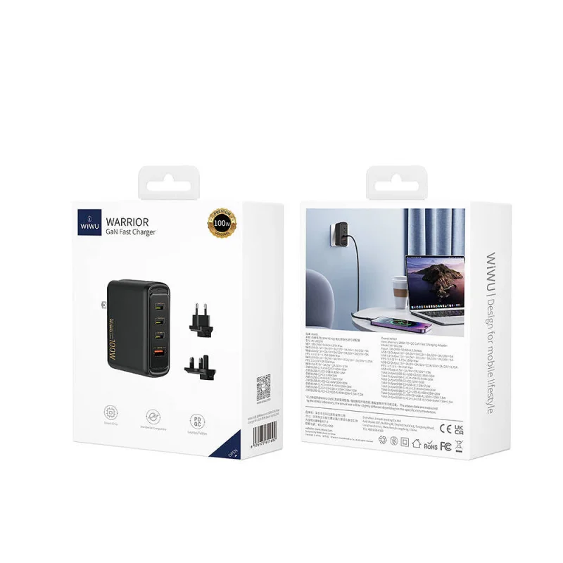 Carregador de Parede WiWU Warriors Wi-U022W GaN 100 W QC e PD 1x USB-A e 3x USB-C Branco - Imagem 2