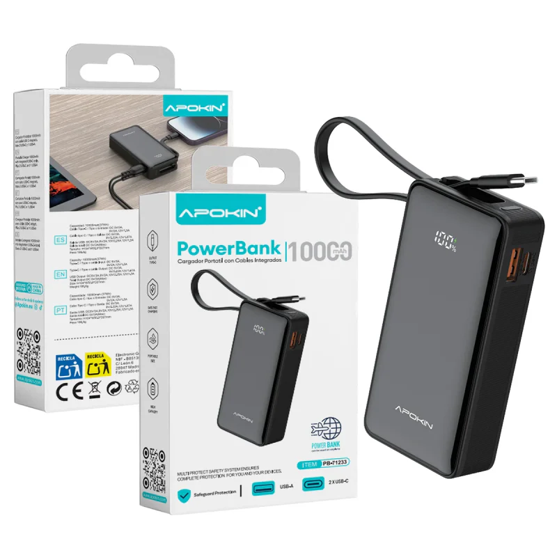Powerbank 10000 mAh com Cabos Integrados Apokin PB-71233