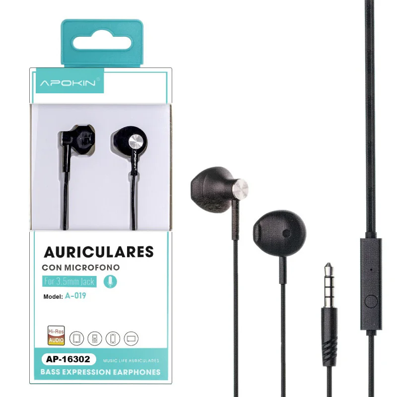 Auscultadores Apokin com Microfone A018-A019 Preto - Imagem 2