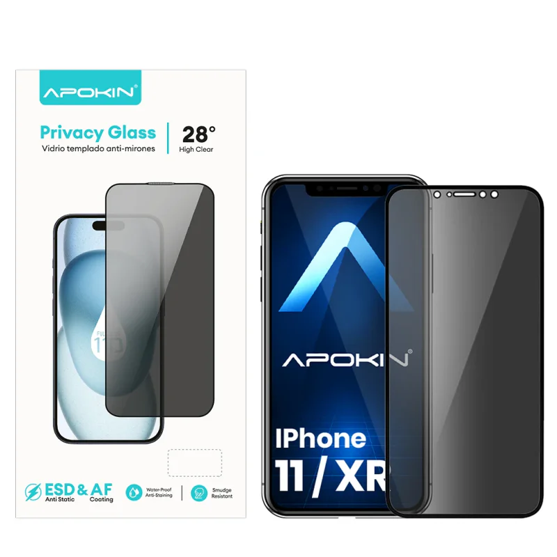 Película de Vidro Temperado Apokin 5D Curvada para iPhone XR e iPhone 11 com Privacidade Preto