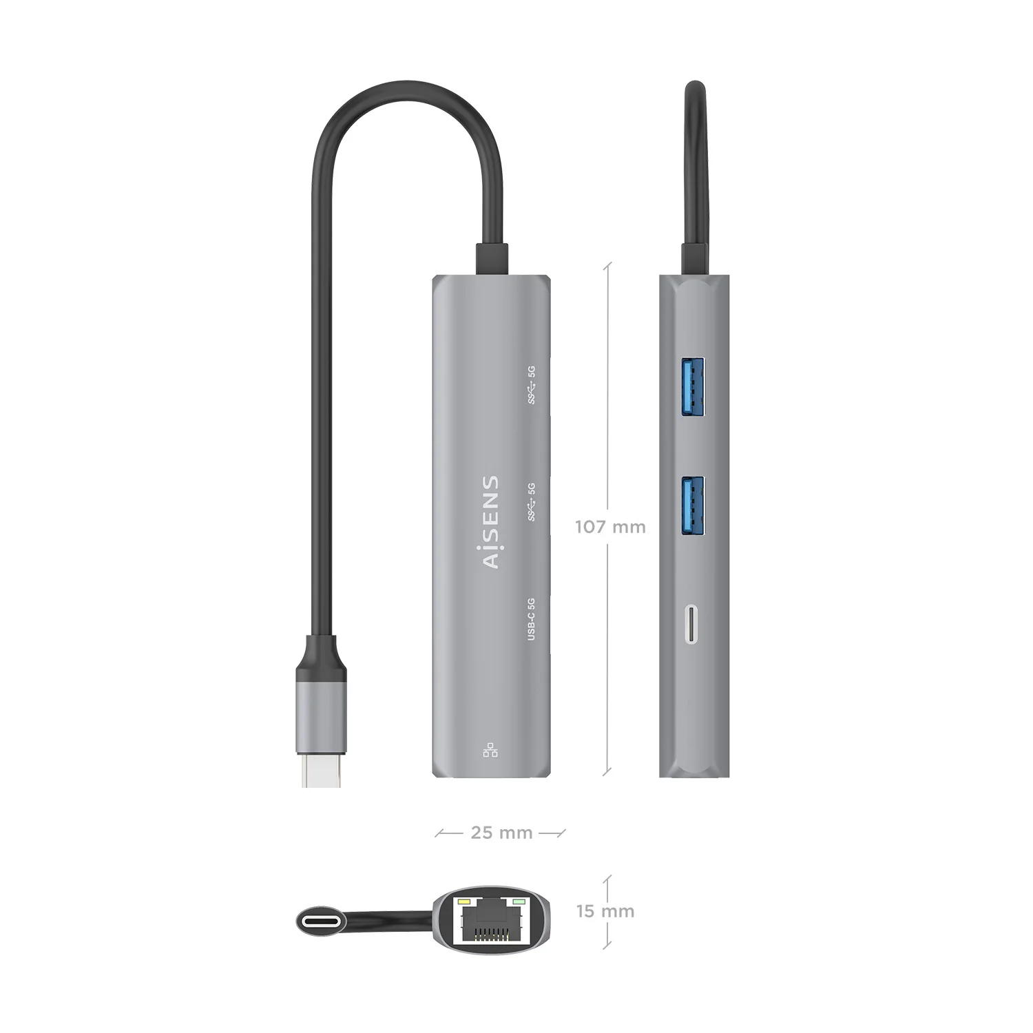 Hub USB Tipo-C Aisens ASUC-4P039-GR 1x USB-C 2x USB 3.2 1x RJ45 Gigabit Cinzento - Imagem 2