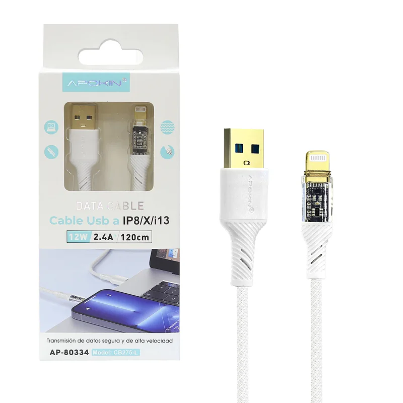 Cabo Apokin Lightning para USB 3.0 1,20 m 12 W 2,4 A Transparente e Branco