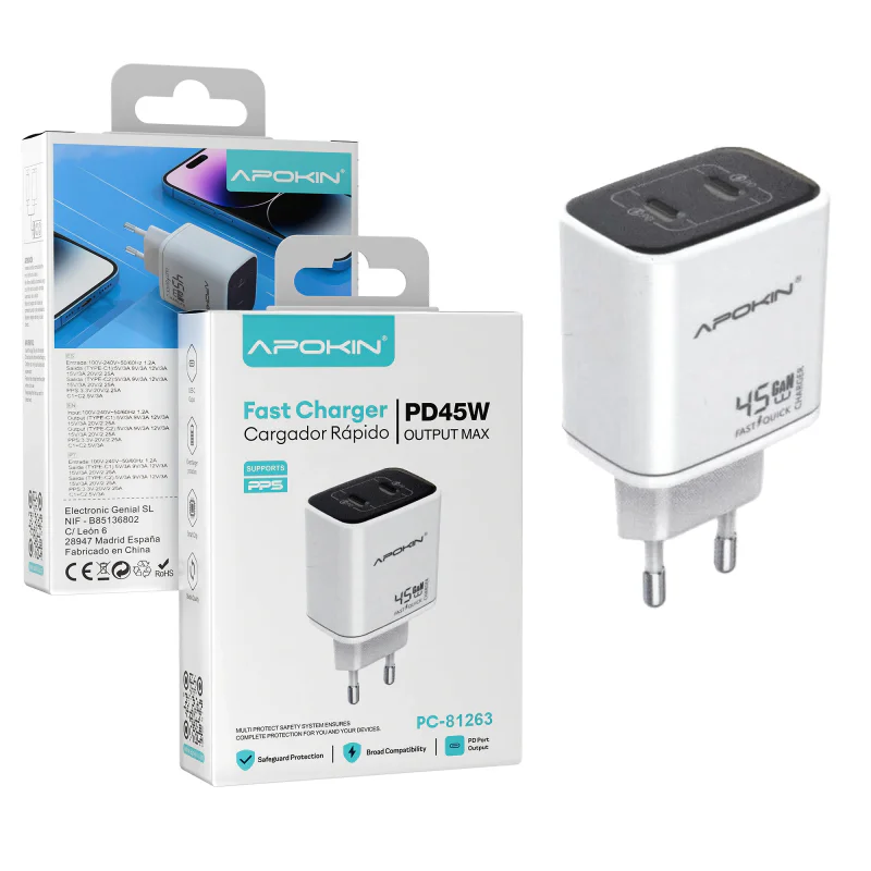 Carregador de Rede Apokin Duplo USB-C 45 W Branco