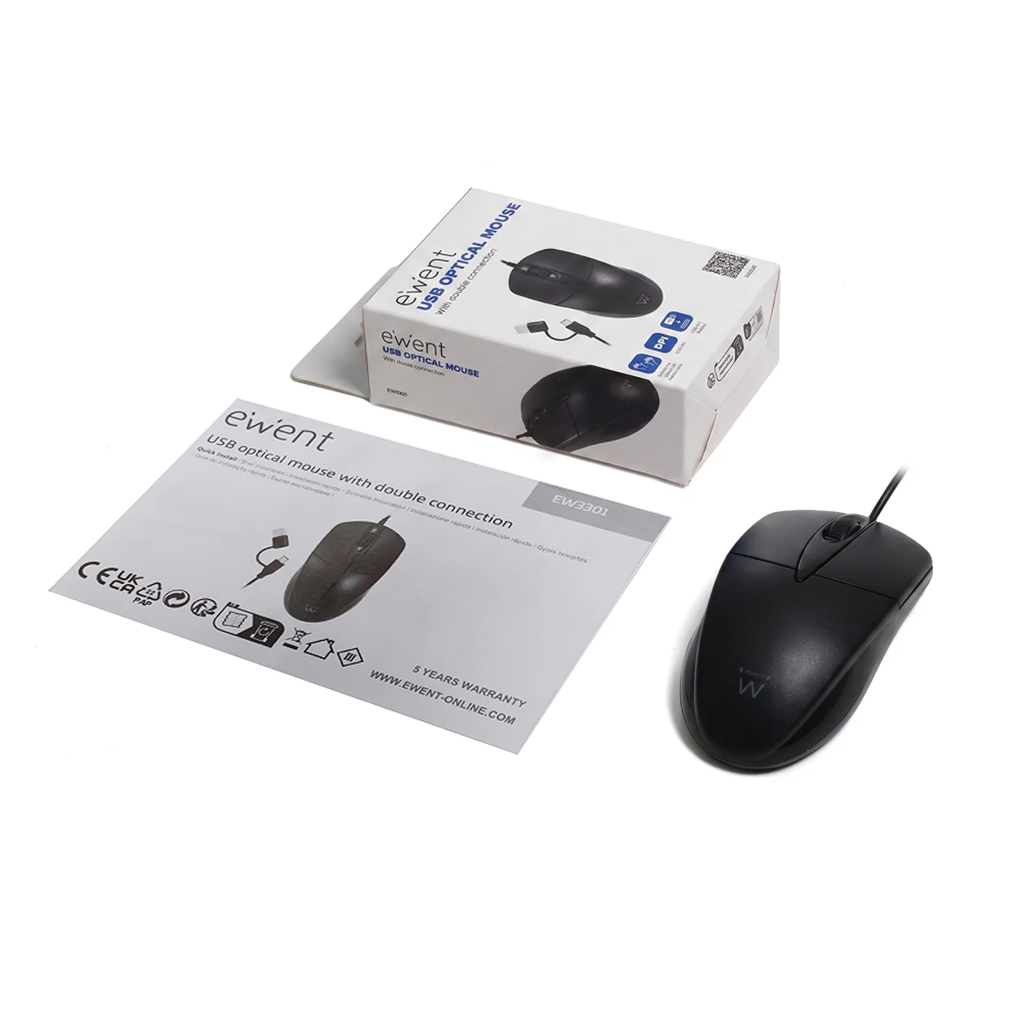 Rato Ótico Ewent EW3301 com Fio 1200 DPI Ambidestro USB-A e USB-C Preto - Imagem 2