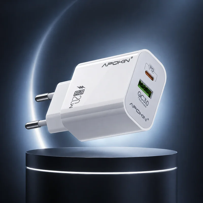 Carregador de Parede Apokin USB-A e USB-C PD 20 W com Cabo USB-C para USB-C Branco - Imagem 3