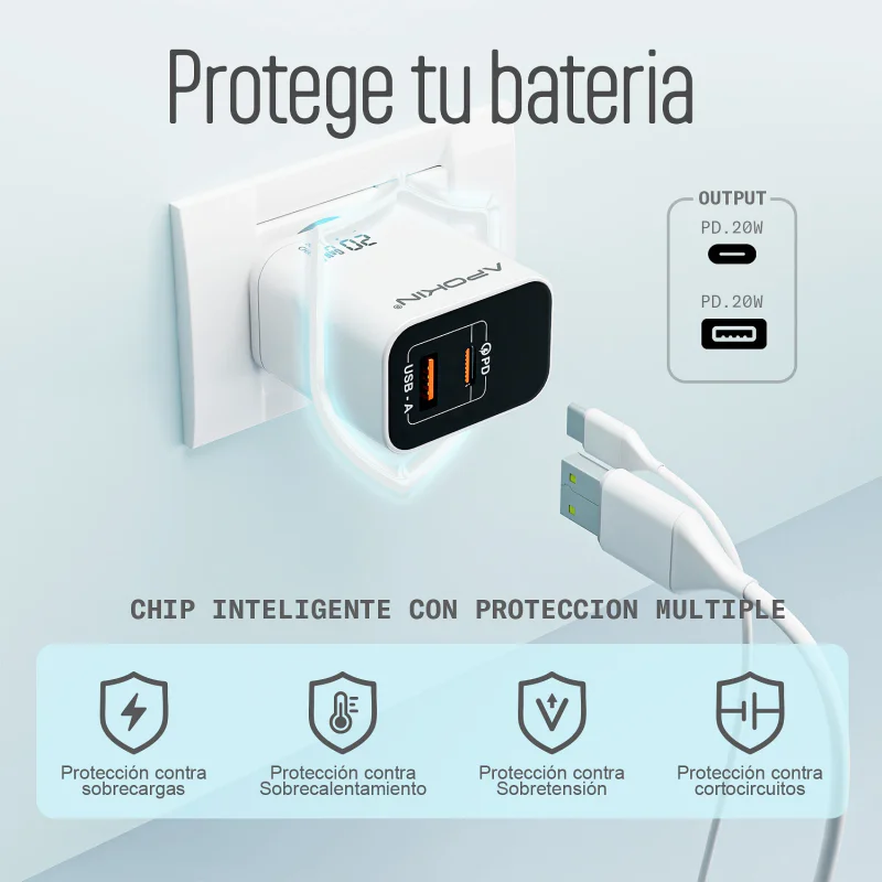Carregador de Parede Apokin USB-C + USB-A 20 W 3.0 A - Imagem 3