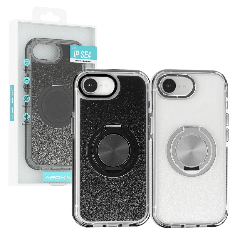 Capa Apokin para iPhone 16e e iPhone 17e com Purpurina e Suporte 360 Prata