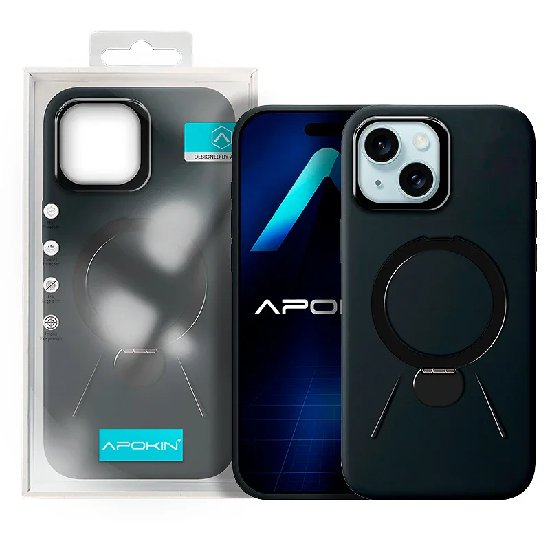 Capa Rock Apokin para iPhone 15 com Anel de Suporte Preto