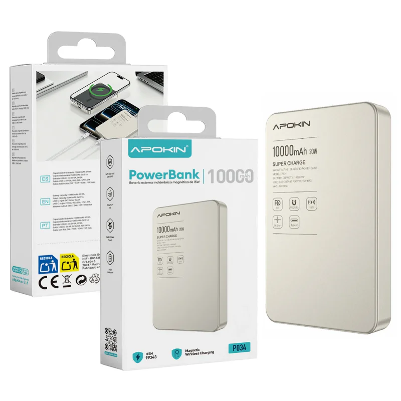 Power Bank Magnético Apokin 10 000 mAh Carregamento Sem Fios e USB-C Dourado