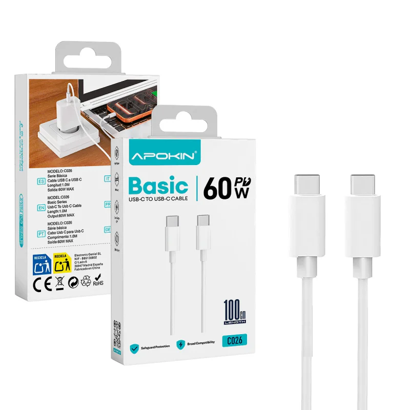 Cabo USB-C para USB-C Apokin C026C-C 1 m 60 W PD