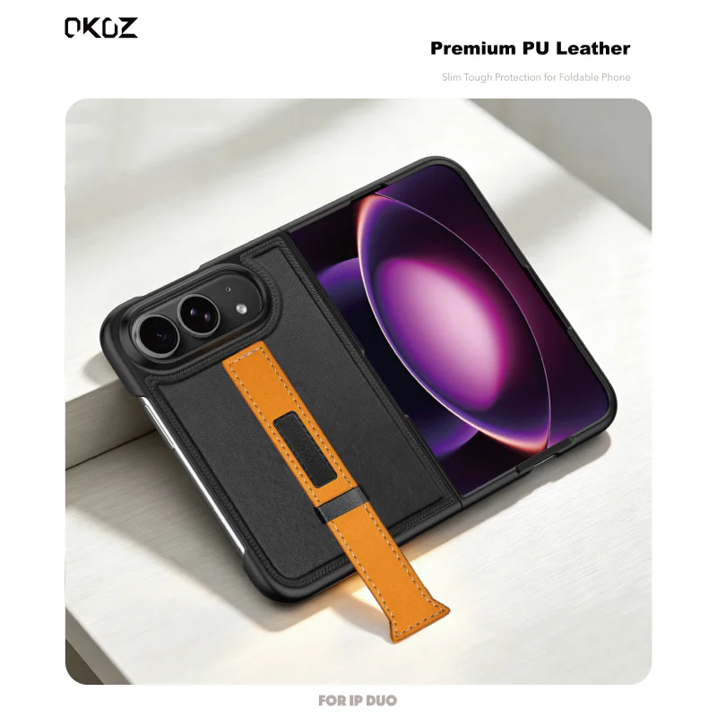 Capa Apokin para iPhone 18 Duo em Pele com Alça Dobrável Azul - Imagem 5