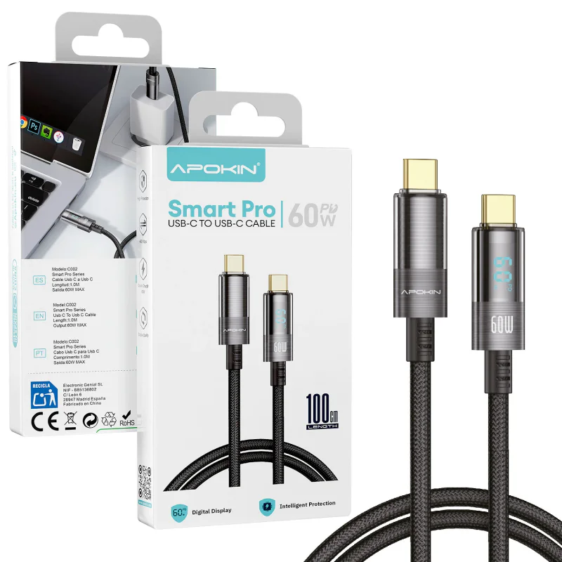 Cabo USB-C para USB-C Apokin Smart Pro 60 W com Ecrã Digital Preto