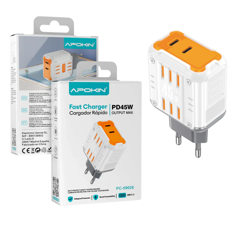 Carregador de Rede Apokin Duplo USB Tipo-C QC 3.0 45 W - Imagem 1