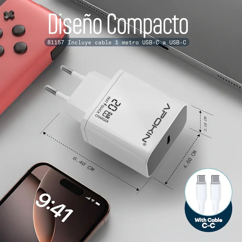 Carregador de Rede Apokin 81157 USB-C 20 W 3.0A com Cabo USB-C Branco - Imagem 4