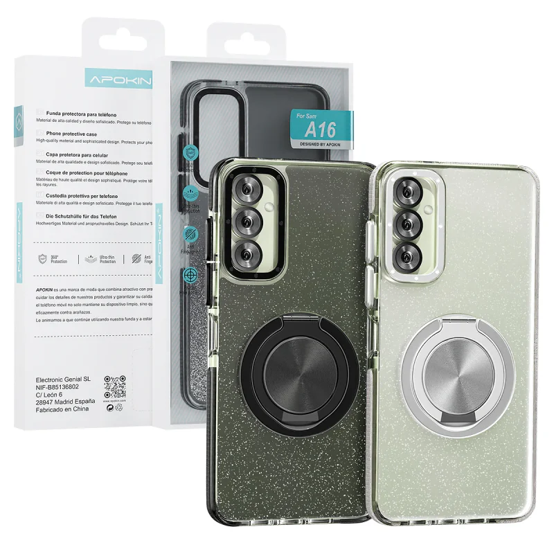 Capa Apokin para Samsung Galaxy A16 com Suporte 360 e Purpurina Preto - Imagem 1