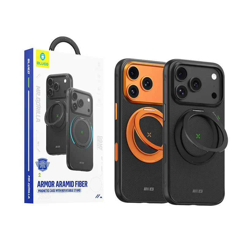 Capa Apokin Armor em Fibra de Aramida com Anel Magnético e Suporte para iPhone 17 Pro e 18 Pro Preto